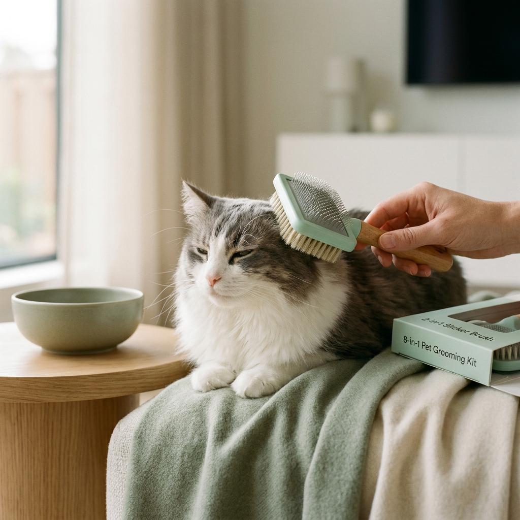 A cat being gently brushed with the PawPerfect Kit's slicker brush
